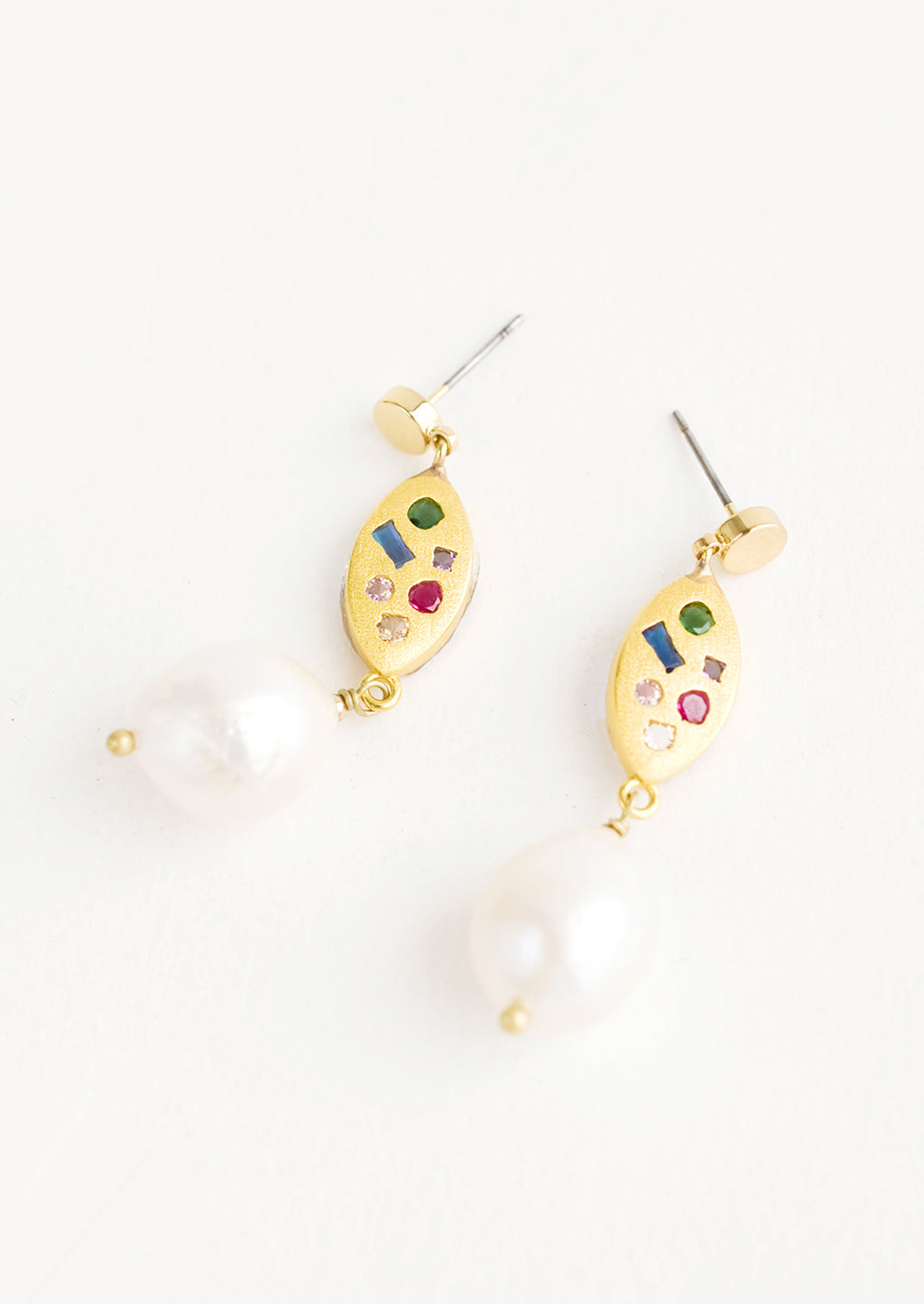 3: Dangle earrings with round gold post, gold baguette middle with embedded gemstones, pearl bead bottom
