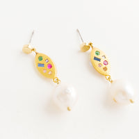 1: Dangle earrings with round gold post, gold baguette middle with embedded gemstones, pearl bead bottom
