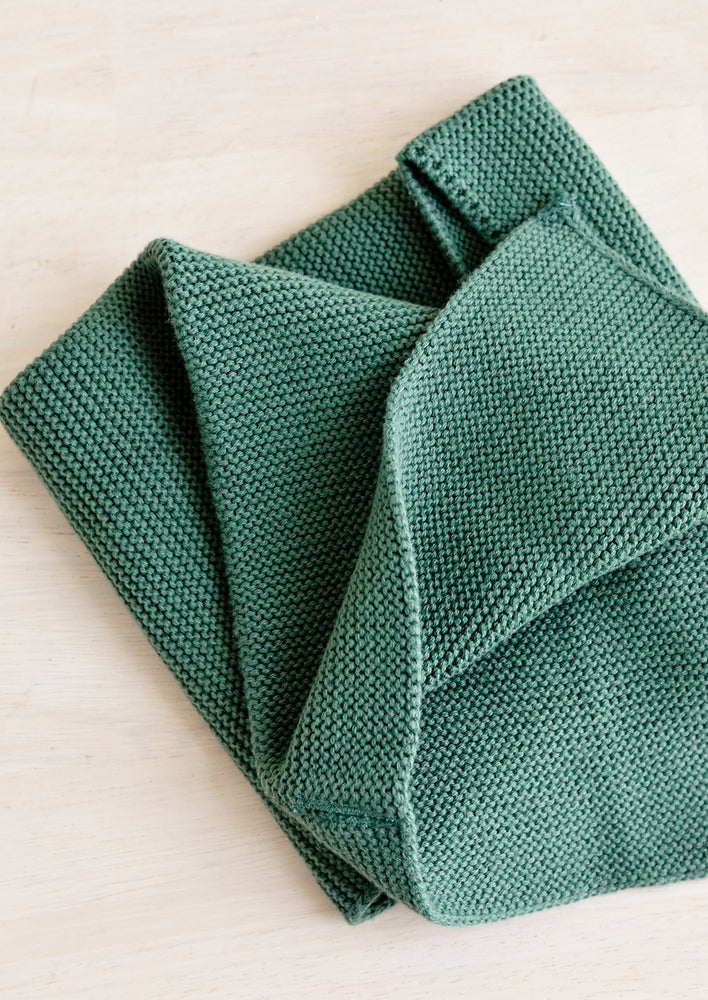 A knit cotton dish towel in spruce green.