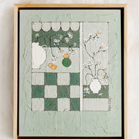 1: An original painting with paneled still life scene in green.