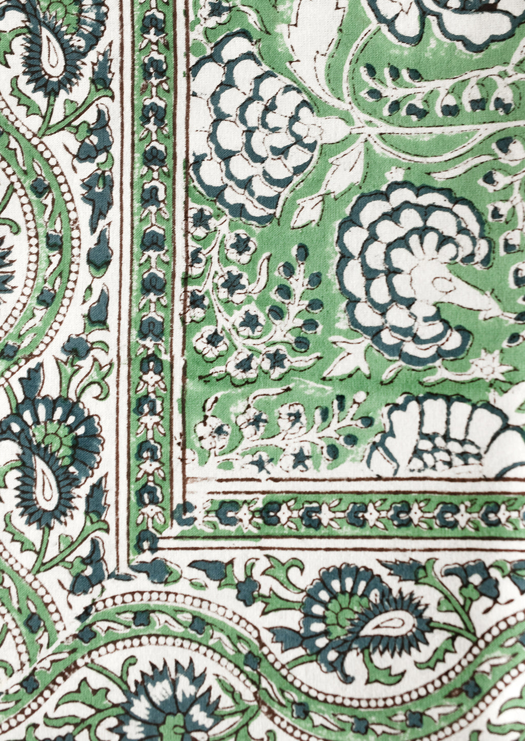 4: A block printed tablecloth with traditional print in blue and green shades.