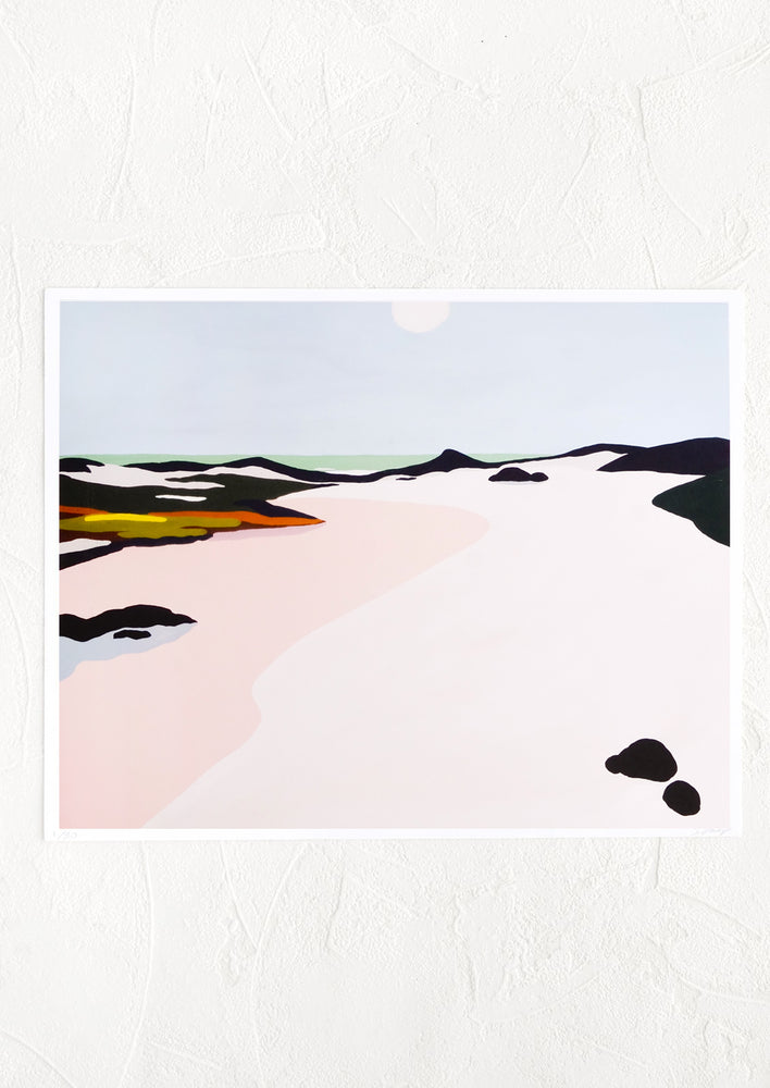 1: An art print with image of colorful sand dunes and water.
