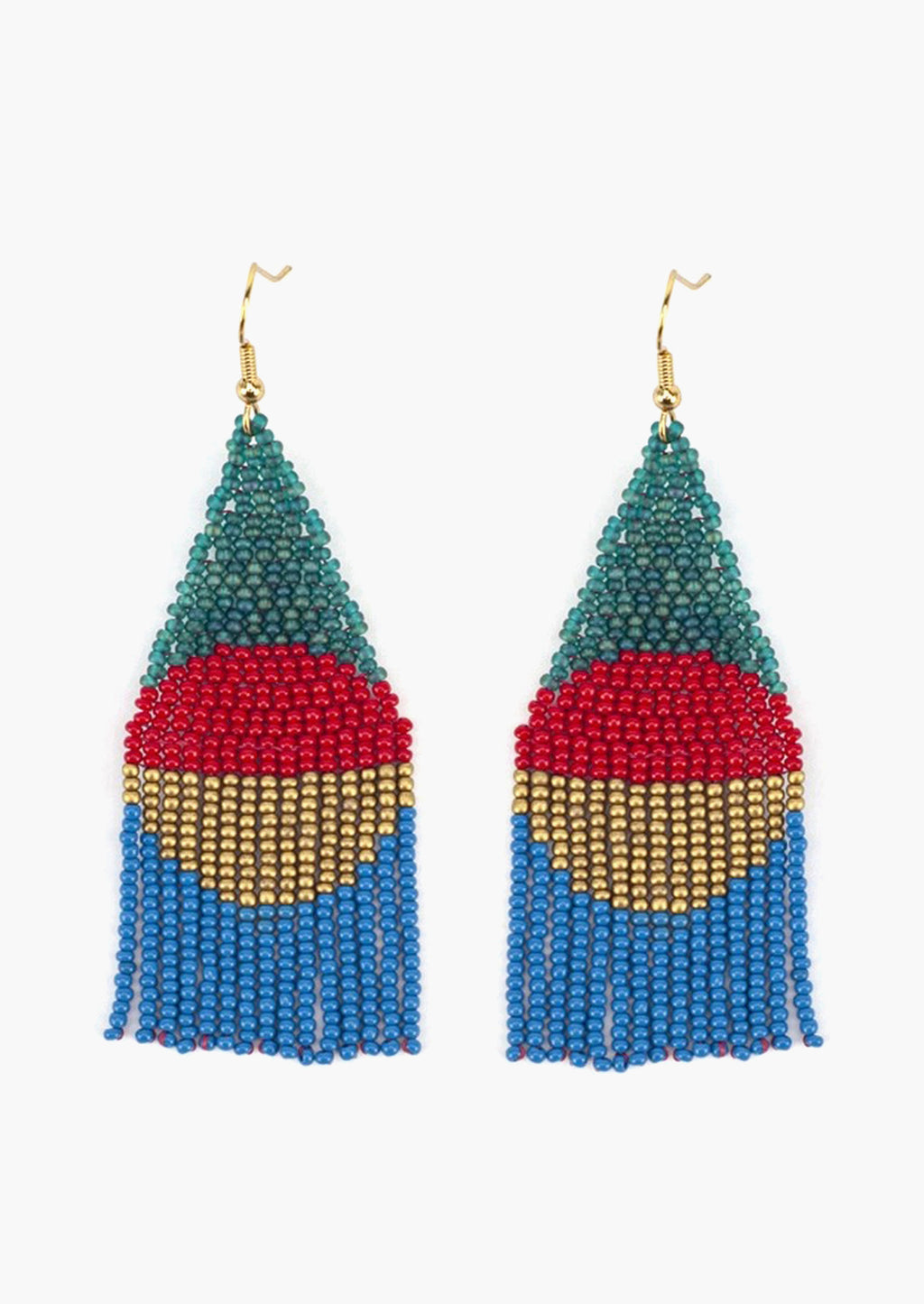 Blue Multi: A pair of geometric beaded earrings in blue colorway.