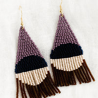Concord Multi: A pair of geometric beaded earrings in purple colorway.