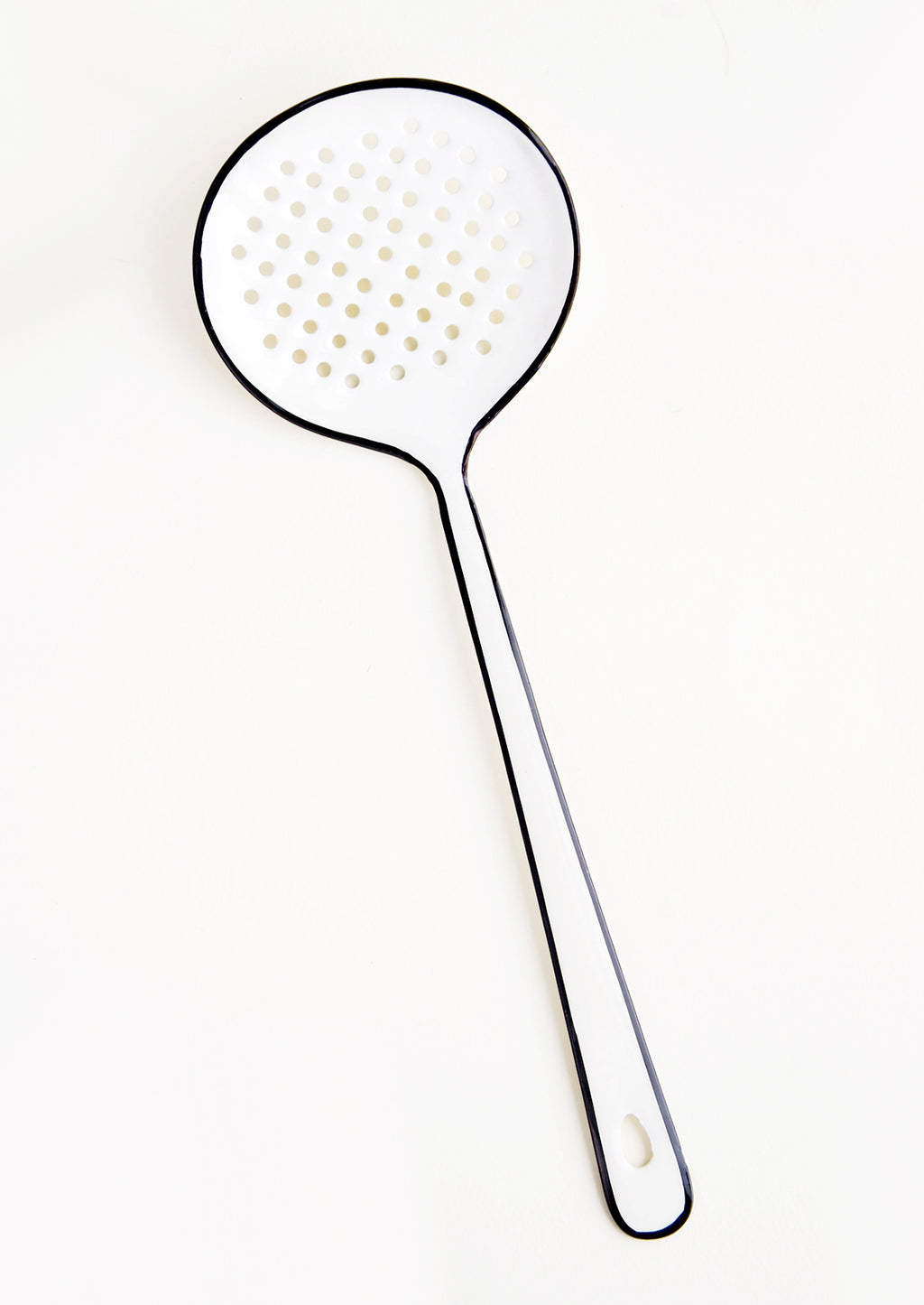 1: Enamel strainer utensil in white with painted black edging