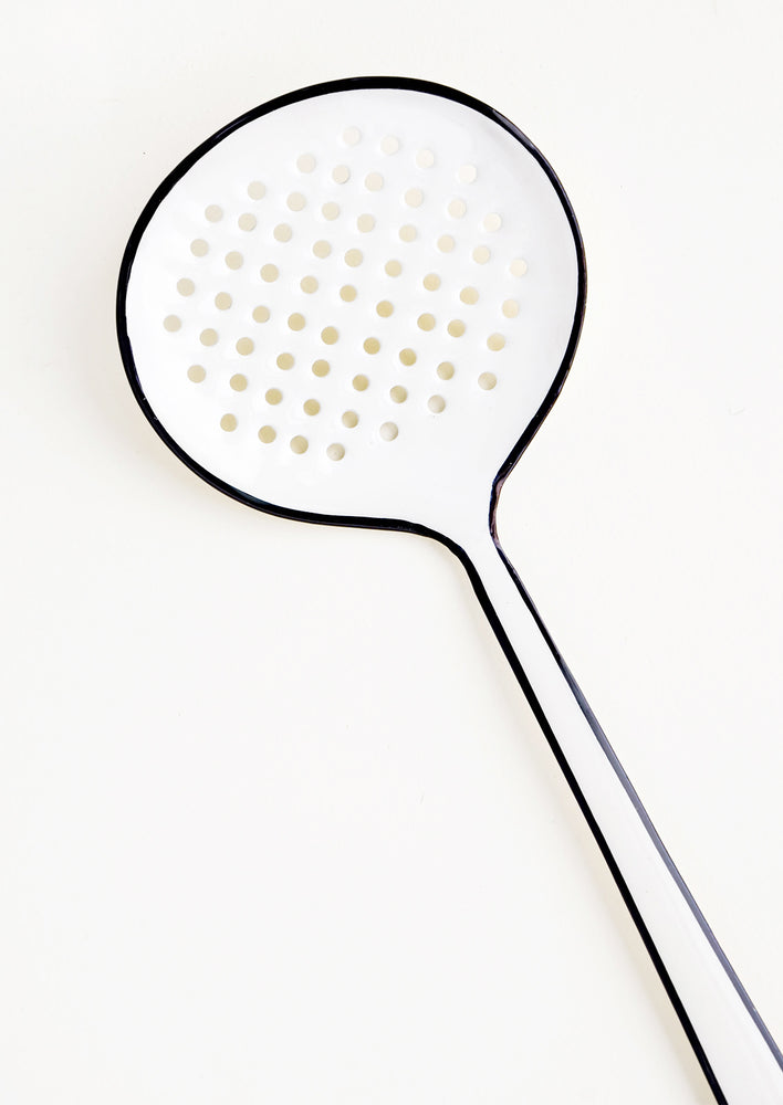 2: Enamel strainer utensil in white with painted black edging