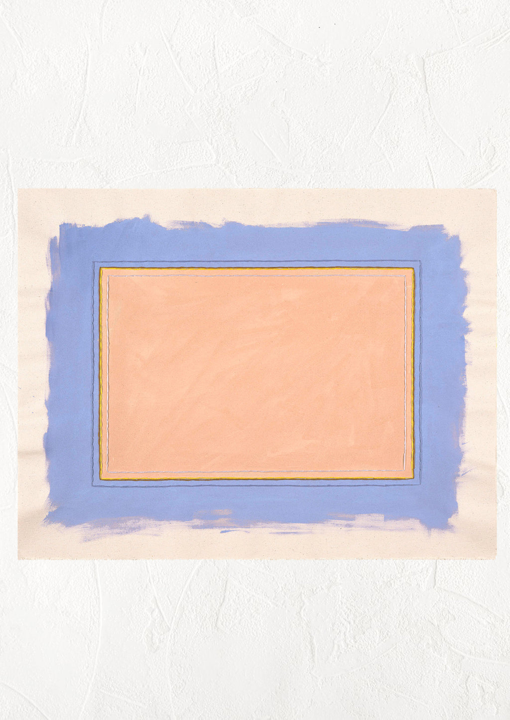 1: Digital reproduction of canvas painting featuring neon cornflower and peach painted rectangles with embroidery detail.