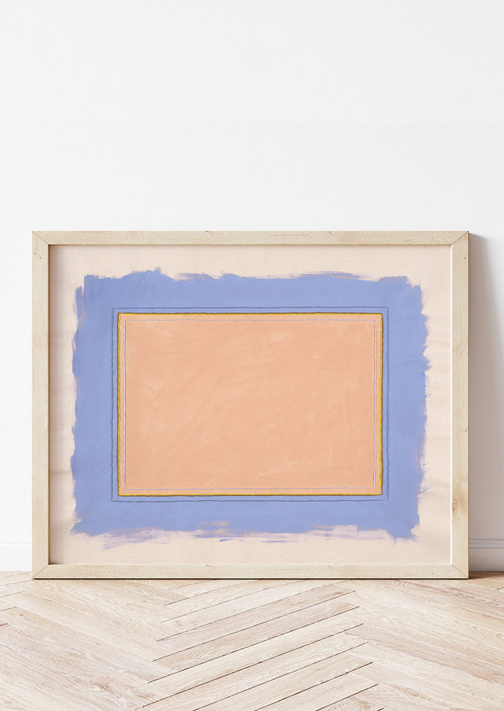 2: Digital reproduction of canvas painting featuring neon cornflower and peach painted rectangles with embroidery detail, shown in a wooden frame.