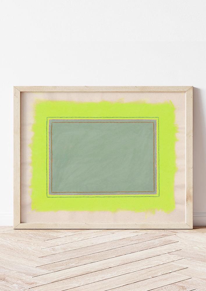 Digital reproduction of canvas painting featuring neon yellow and sage painted rectangles with embroidery detail, shown in a wooden frame.