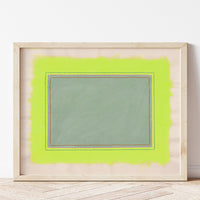 2: Digital reproduction of canvas painting featuring neon yellow and sage painted rectangles with embroidery detail, shown in a wooden frame.