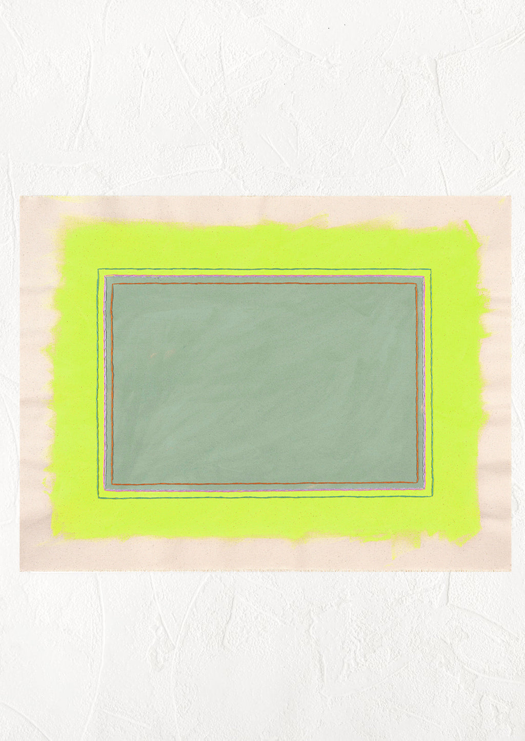 1: Digital reproduction of canvas painting featuring neon yellow and sage painted rectangles with embroidery detail.
