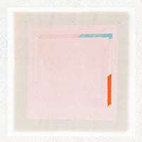 1: A minimalist abstract print of a pale pink square with small sections of blue, white, and red near its edges.