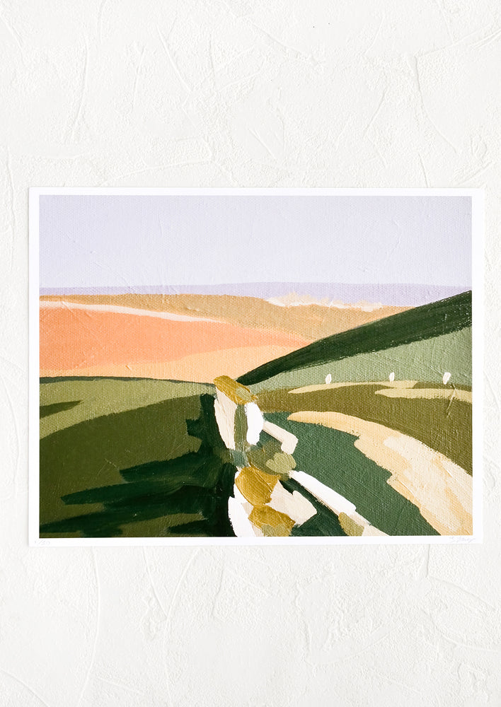 1: An art print of an original painting featuring a landscape image in tones of green, pink and lilac.