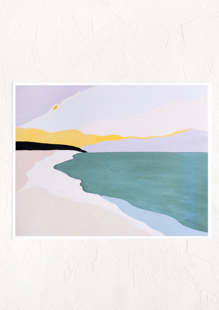 1: An art print with painted image of a beach and horizon.