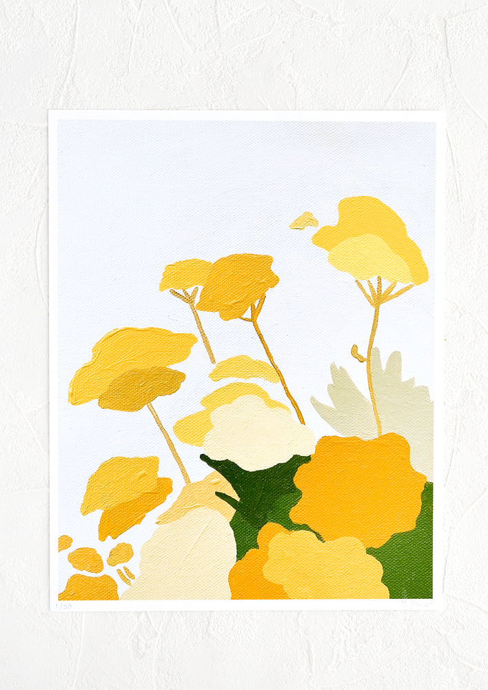 1: An art print of an original painting of yellow florals on a pale grey background.