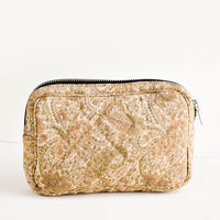 Small / Ivory Floral Paisley: Flat and rectangular makeup travel bag with zip closure in beige floral