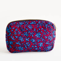 Small / Wine / Turquoise Leaf: Flat and rectangular makeup travel bag with zip closure in wine & turquoise leaf print