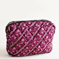 Large / Merlot Floral Stripe: Flat and rectangular makeup travel bag with zip closure in purple floral