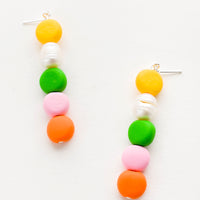 Green Multi: Earrings with colorful clay beads stacked in a row mixed with one pearl bead
