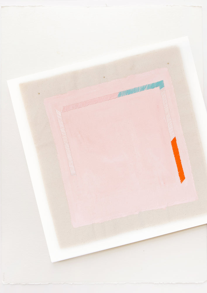 2: A minimalist abstract print of a pale pink square with small sections of blue, white, and red near its edges.