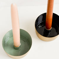 3: Enamel taper candle holders in green and black with colored tapers.