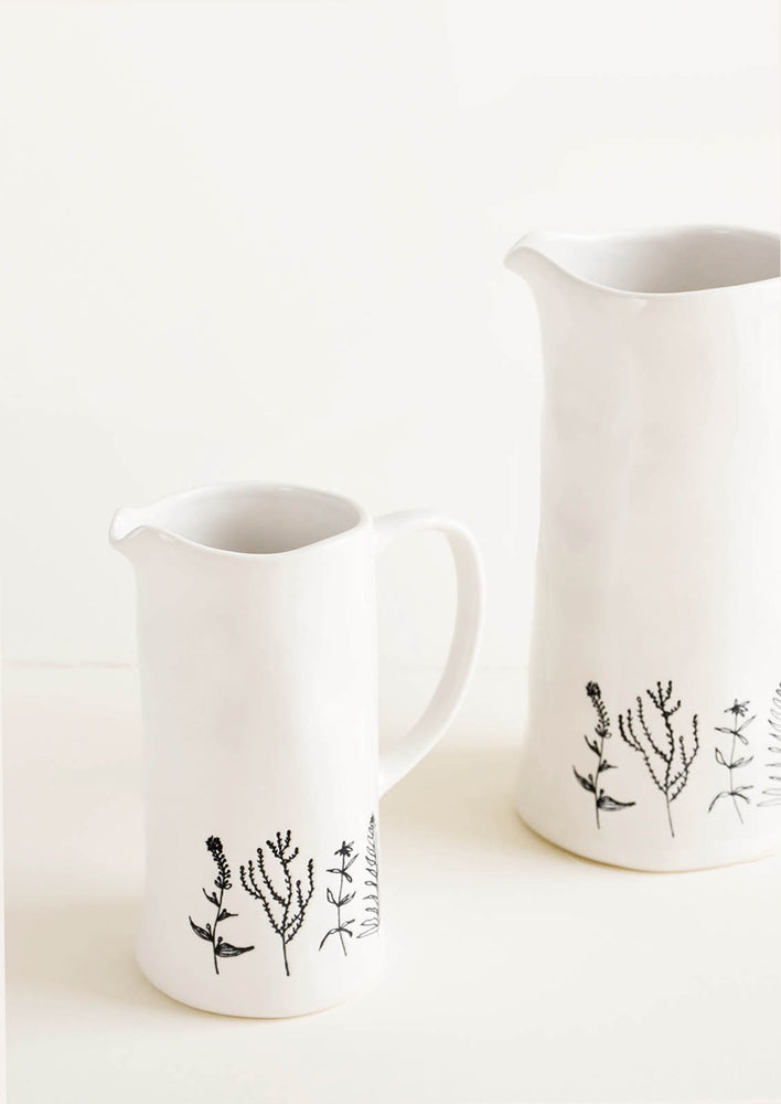 2: Tall Ceramic Pitchers in White with Black Botanical Drawings, Shown in 2 Sizes - LEIF