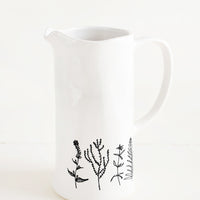1: Tall Ceramic Pitcher in White with Black Botanical Drawings - LEIF