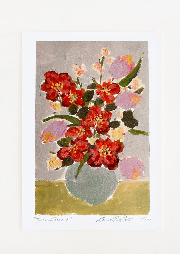 1: A still life art print of a painting showing colorful flowers in a vase.