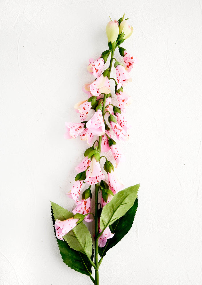 Realistic looking faux english foxglove stem, single branch with spotted pink blooms