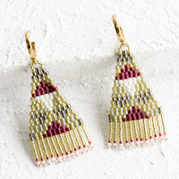 Olive Multi: A pair of triangular shaped beaded earrings with geometric pattern in green and dark red.