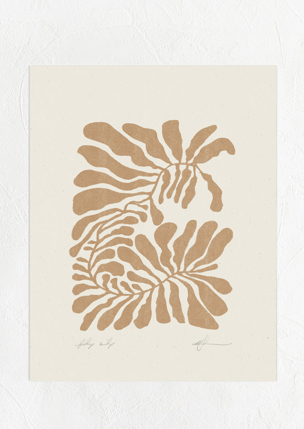 1: A digital art print of a curled leaf form in brown.