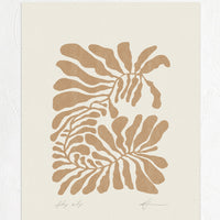 1: A digital art print of a curled leaf form in brown.