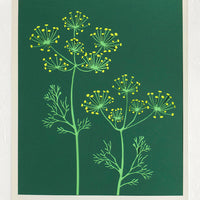 1: A lasercut art print depicting fennel flowers on dark green background.