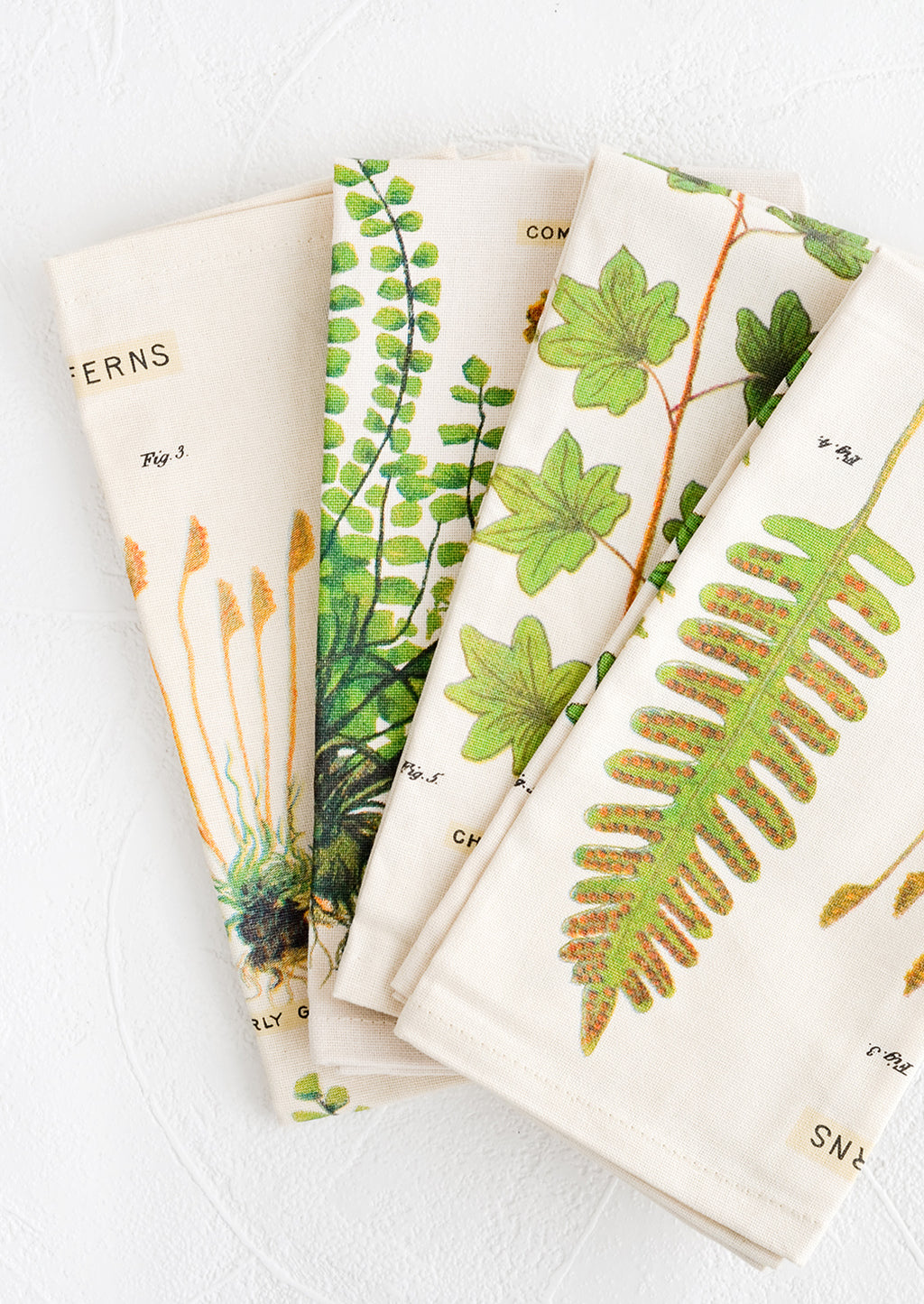 1: Four cotton napkins with screenprinted botanical fern print.