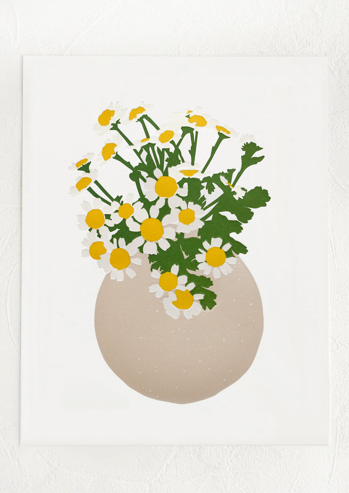 A letterpress art print of feverfew flowers in a tan vase.