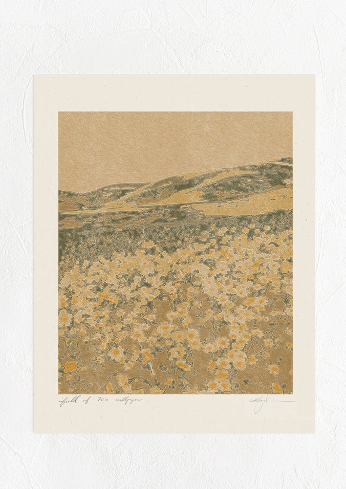 A digital art print of landscape showing field of daisies in muted earthy palette.