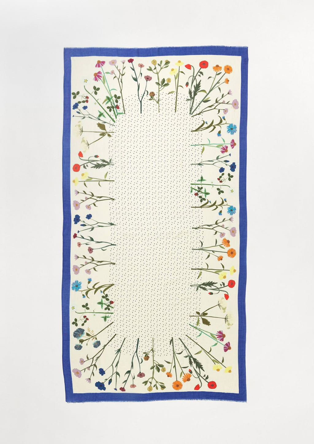 2: A floral printed scarf with flower border and dotted middle.