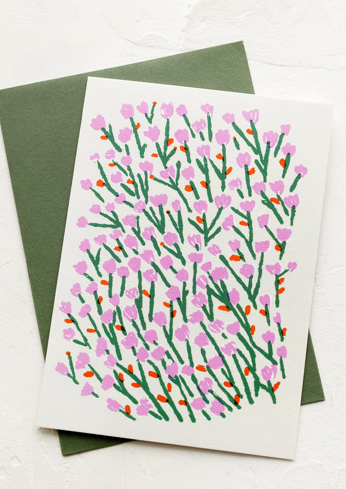 1: A card with tulip drawing and green envelope.