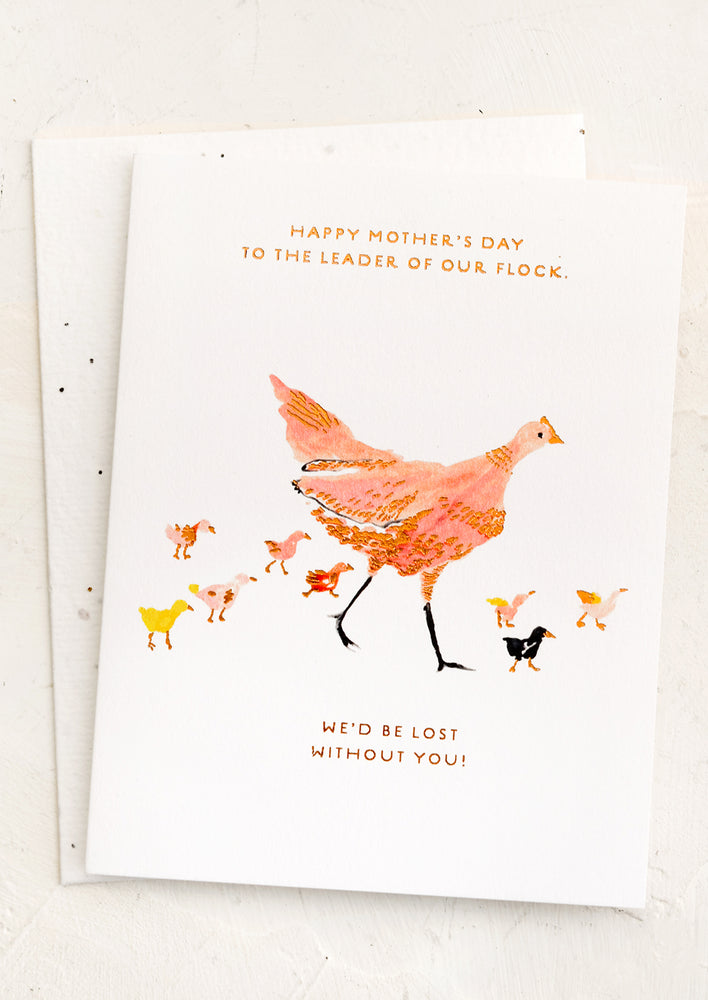 1: A card with illustration of chicken with chicks.