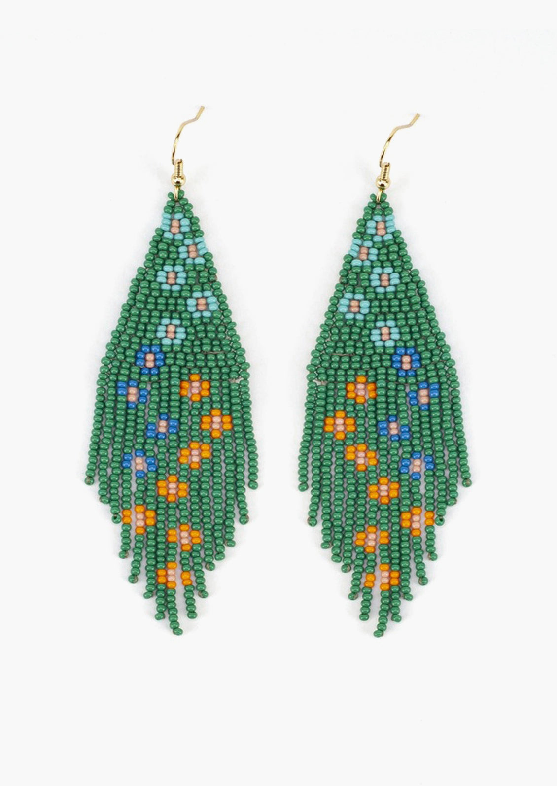 A pair of beaded floral earrings in green.