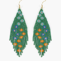 Green Multi: A pair of beaded floral earrings in green.