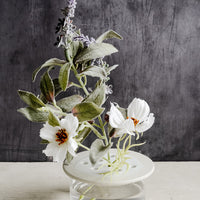 Short: A short ceramic and glass flower frog with lavender and cosmos.