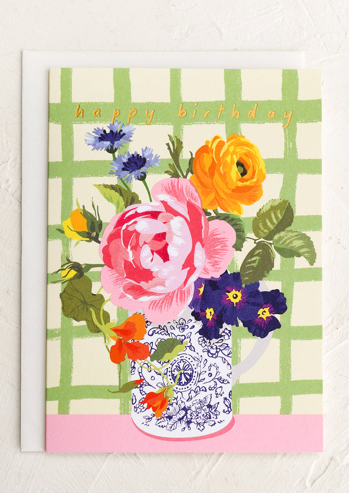 1: A card with illustration of flowers in a vessel, text reads "Happy birthday".