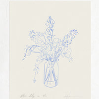 1: An art print featuring sketched blue line drawing of flowers in a vase.