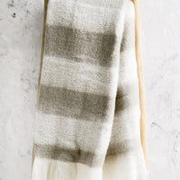 Taupe / White: A fuzzy throw blanket in tan and white stripes.