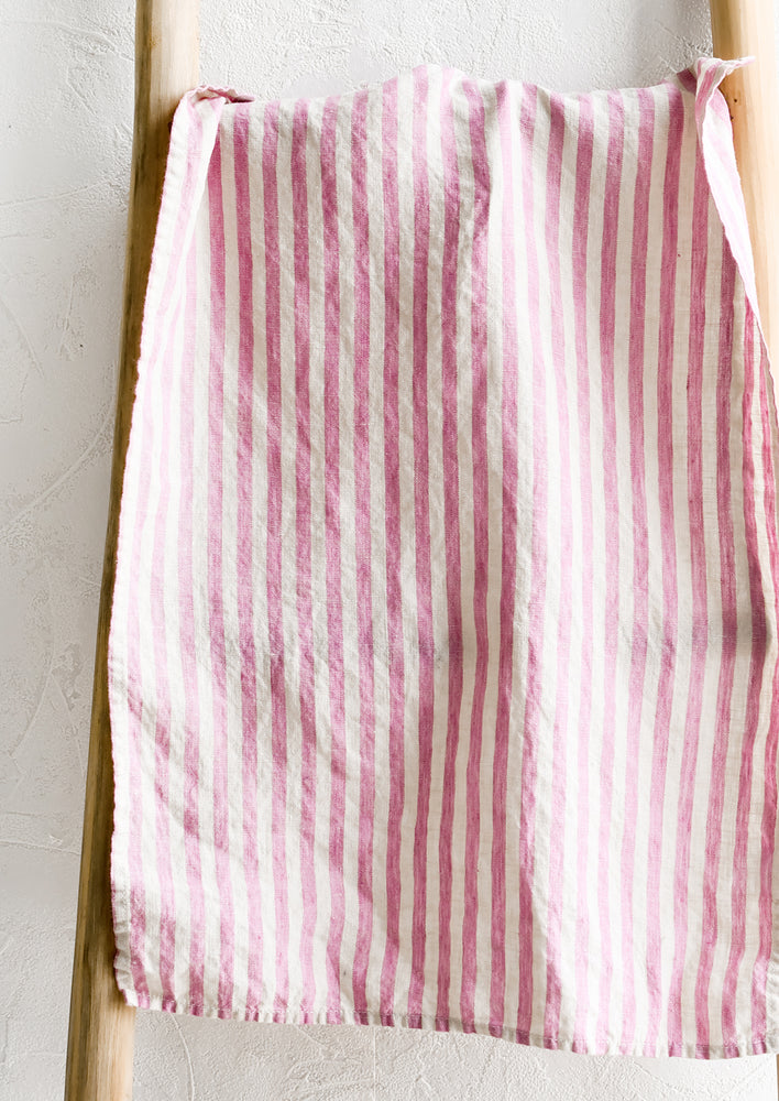 Pink / Cream Wide Stripe: A linen tea towel in pink and white stripe.