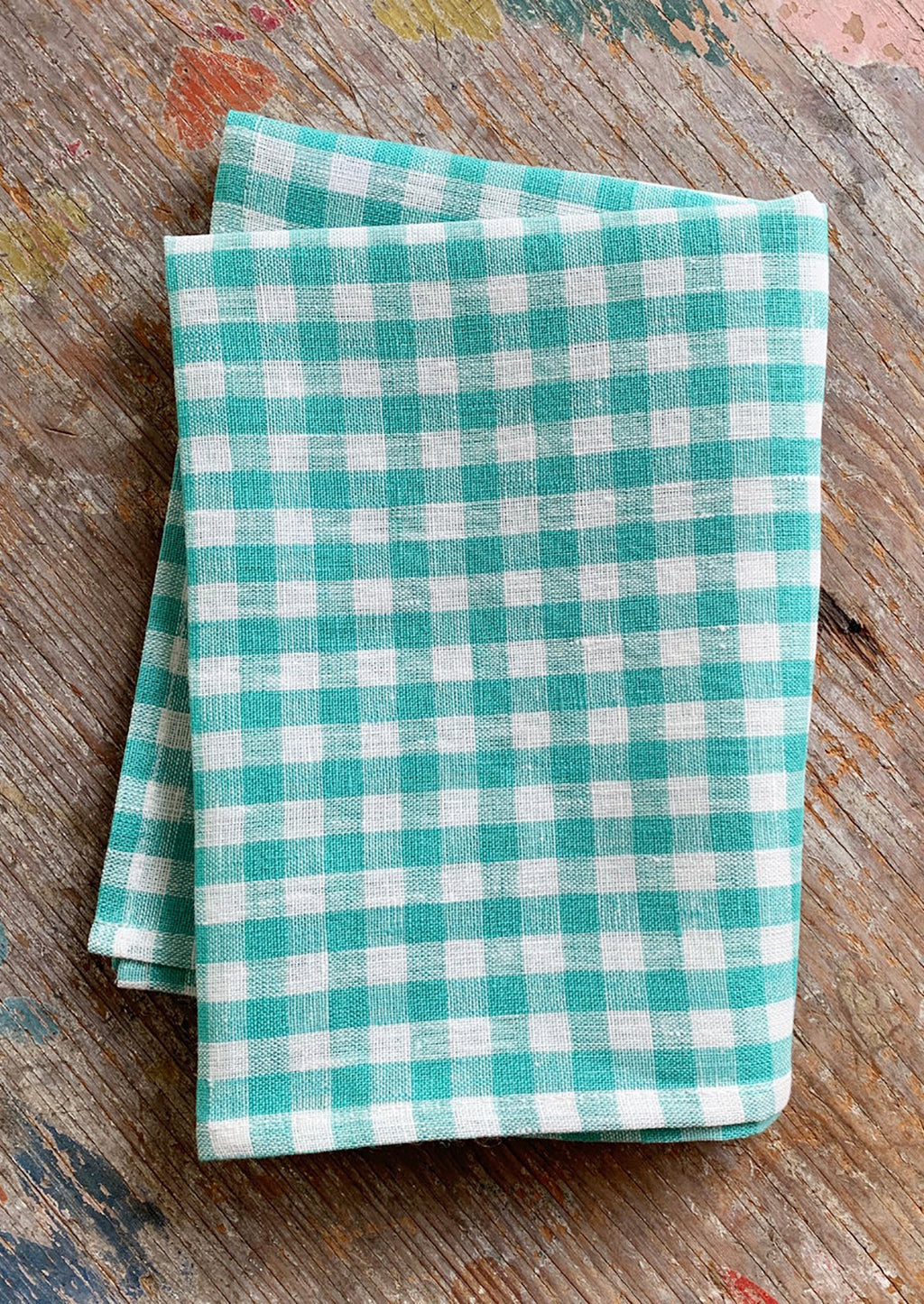 Turquoise Gingham: A linen tea towel in turquoise and white gingham.
