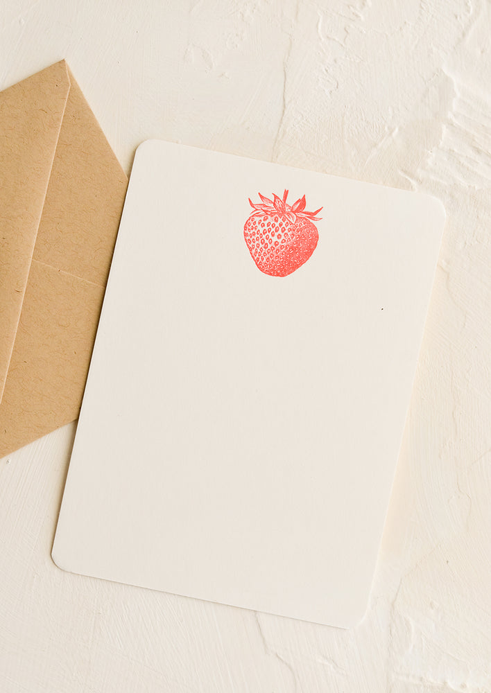 Strawberry: A white notecard with strawberry letterpress printed at top, with kraft envelope.