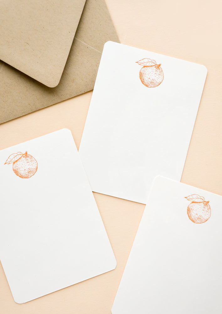 Orange: Set of flat white notecards with single orange printed at top
