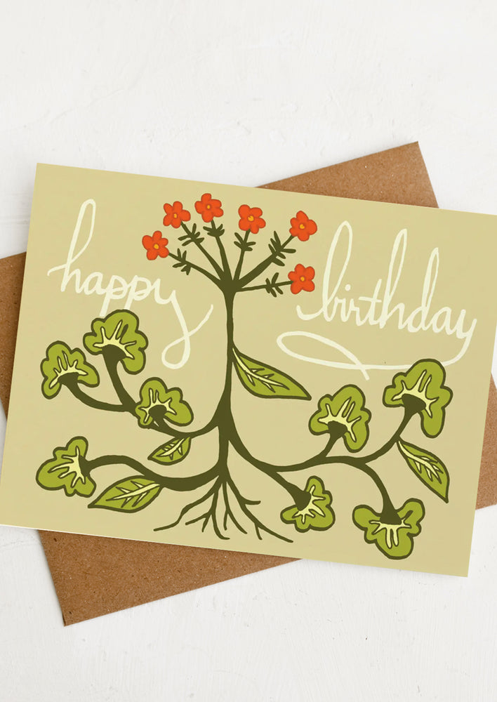 A floral print card reading "Happy birthday".